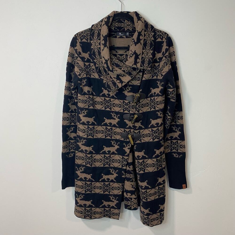 Neve Women's Sweater Coat Brown‎ Black Merino Wool Toggle Buttons Deer Printed M
